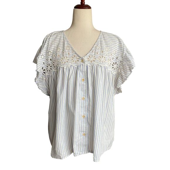 Madewell Eyelet Button Front Shirt Blue Stripe Womens XL Cottagecore Romantic - Picture 1 of 12